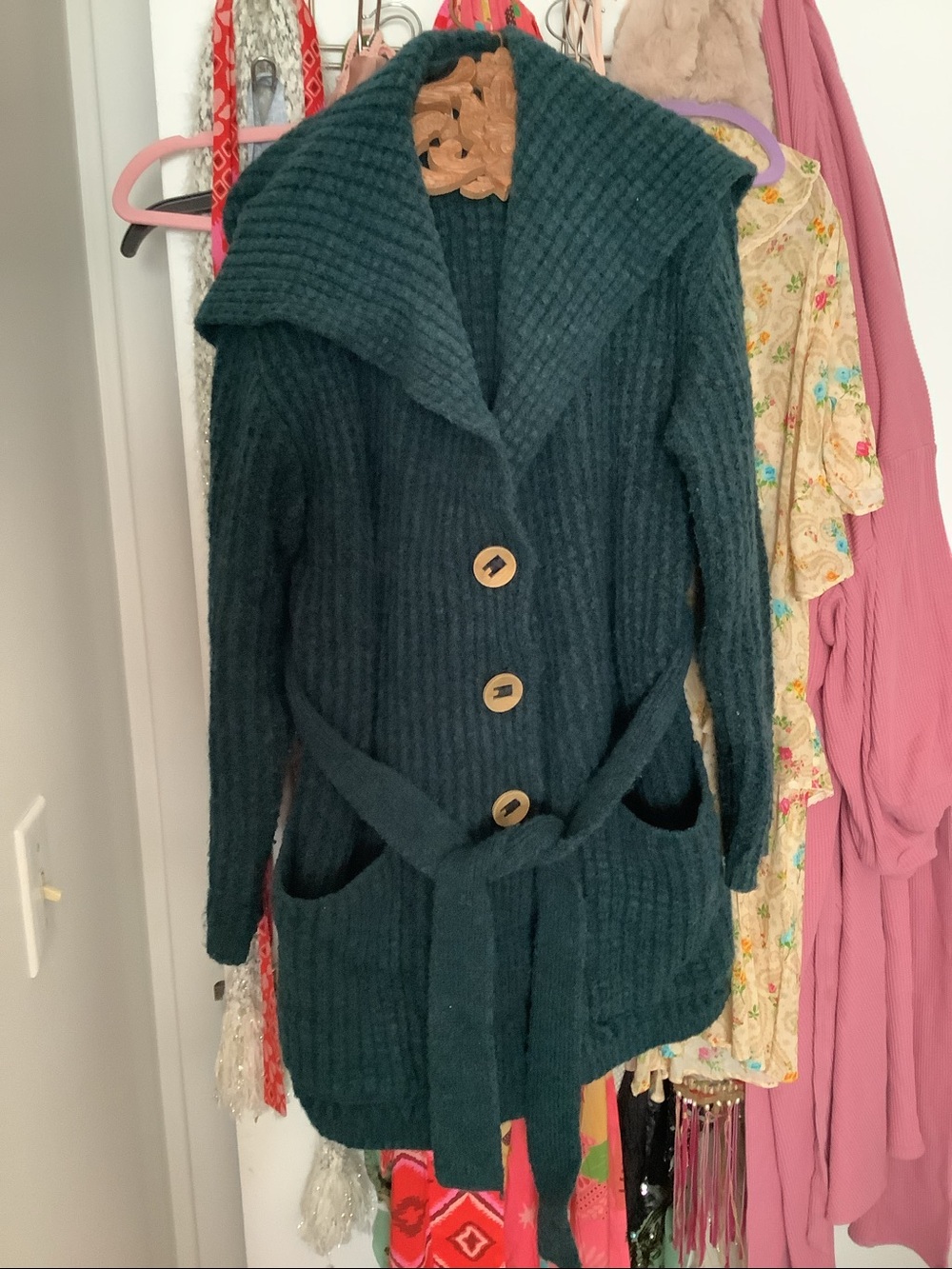 Free People Dark Green Knit Belted Cardigan Sweater Coat w pockets & belt big S